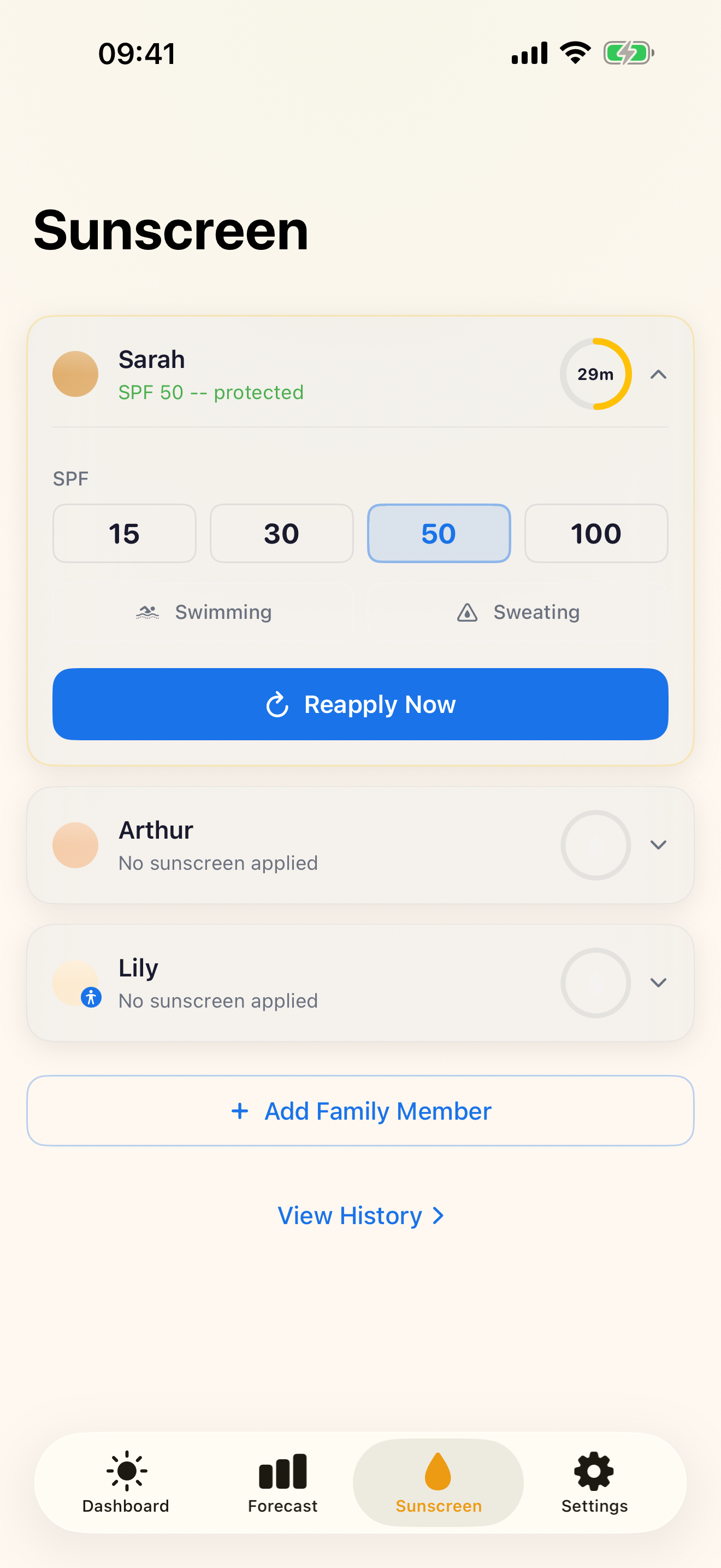 Sunscreen timer and reapply reminders